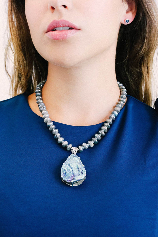 Druzy Flower Necklace on Labradorite Drop
