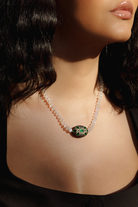 Diamond and Green Onyx Moonstone Necklace