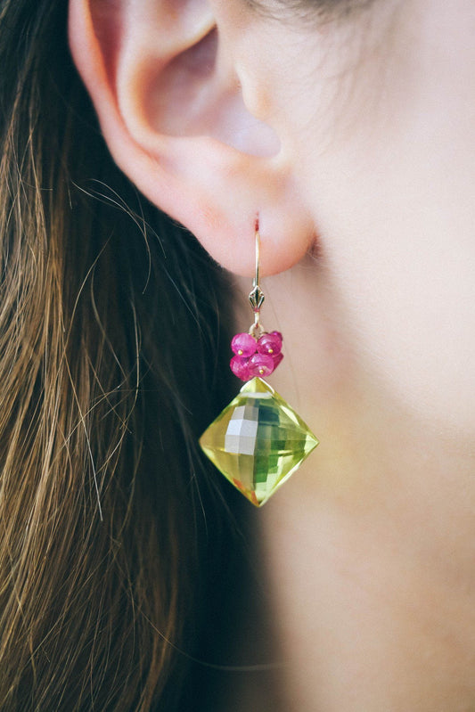 Lemon Topaz and Ruby Earrings in Gold - Inaya Jewelry