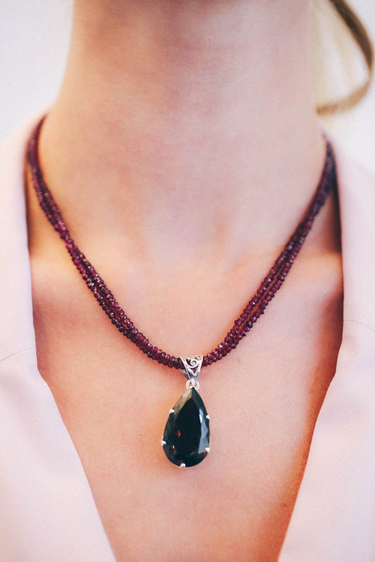 Smoky Topaz on Garnet Pendant - Inaya Jewelry