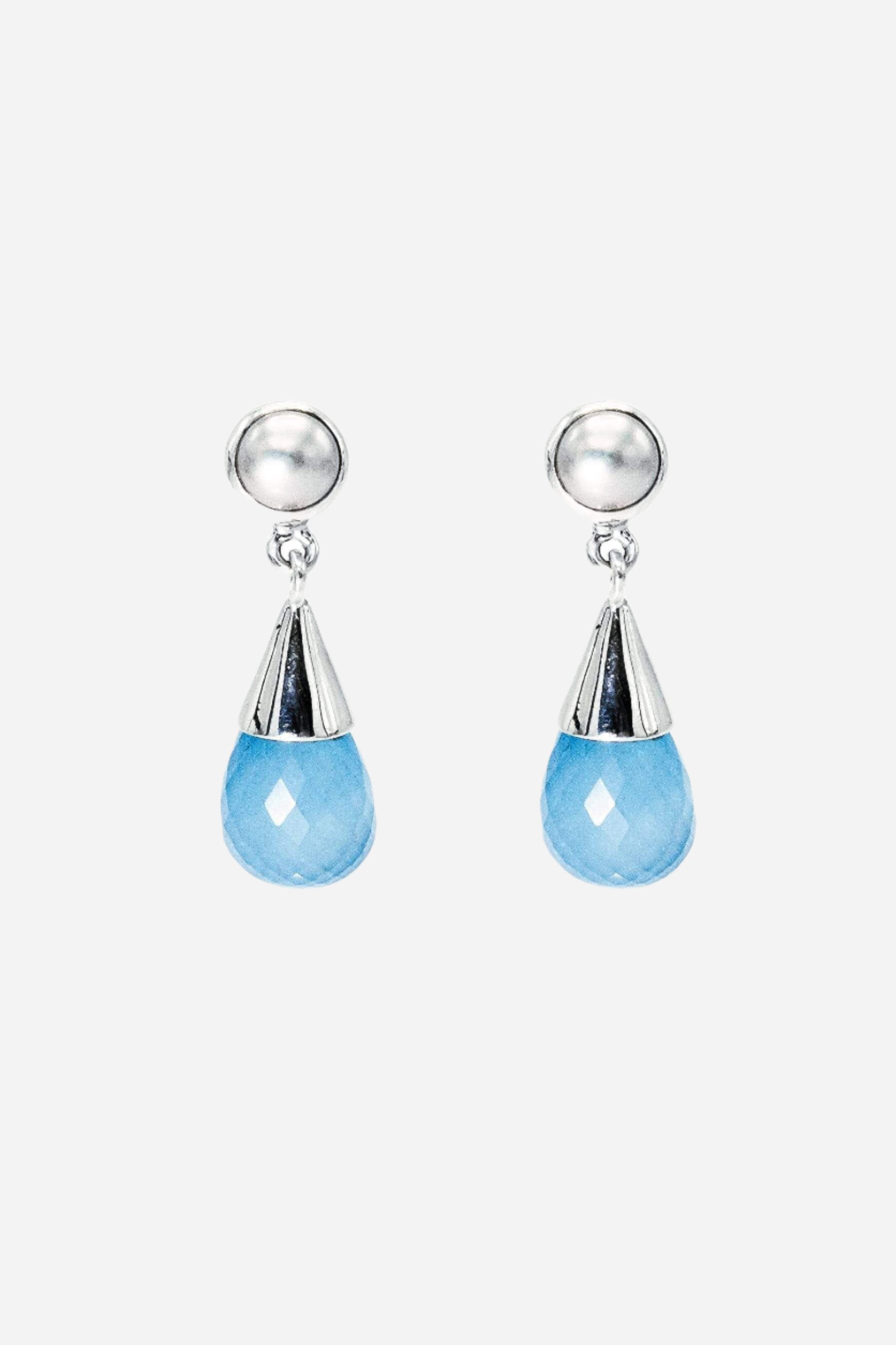 Blue Chalcedony & Fresh Water Pearl Silver Drop Earrings - Inaya Jewelry