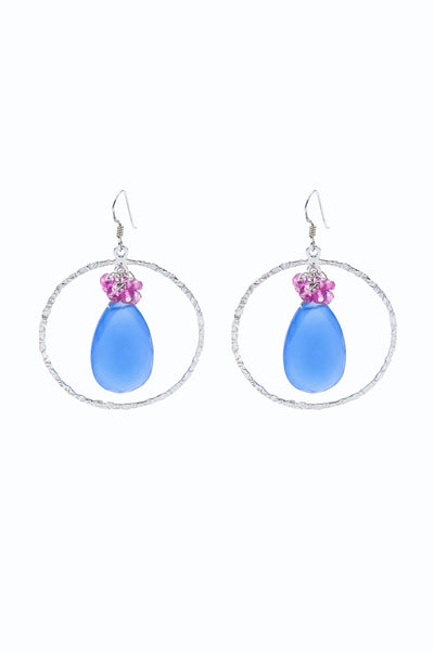 Blue Chalcedony & Pink Ruby Hoop Earrings - Inaya Jewelry