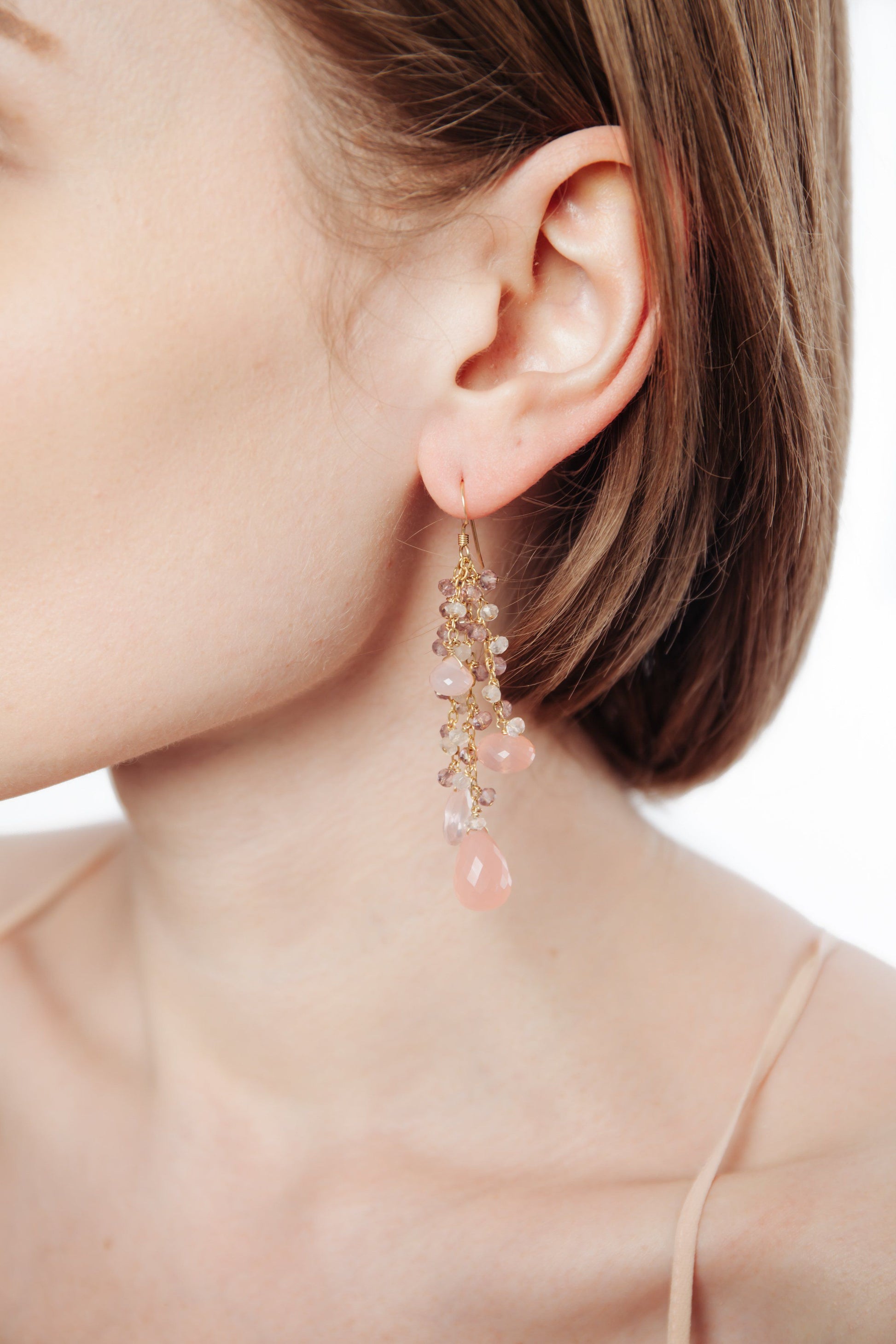 Rose Quartz, Pink Chalcedony & Amethyst Gold Tassel Earrings - Inaya Jewelry