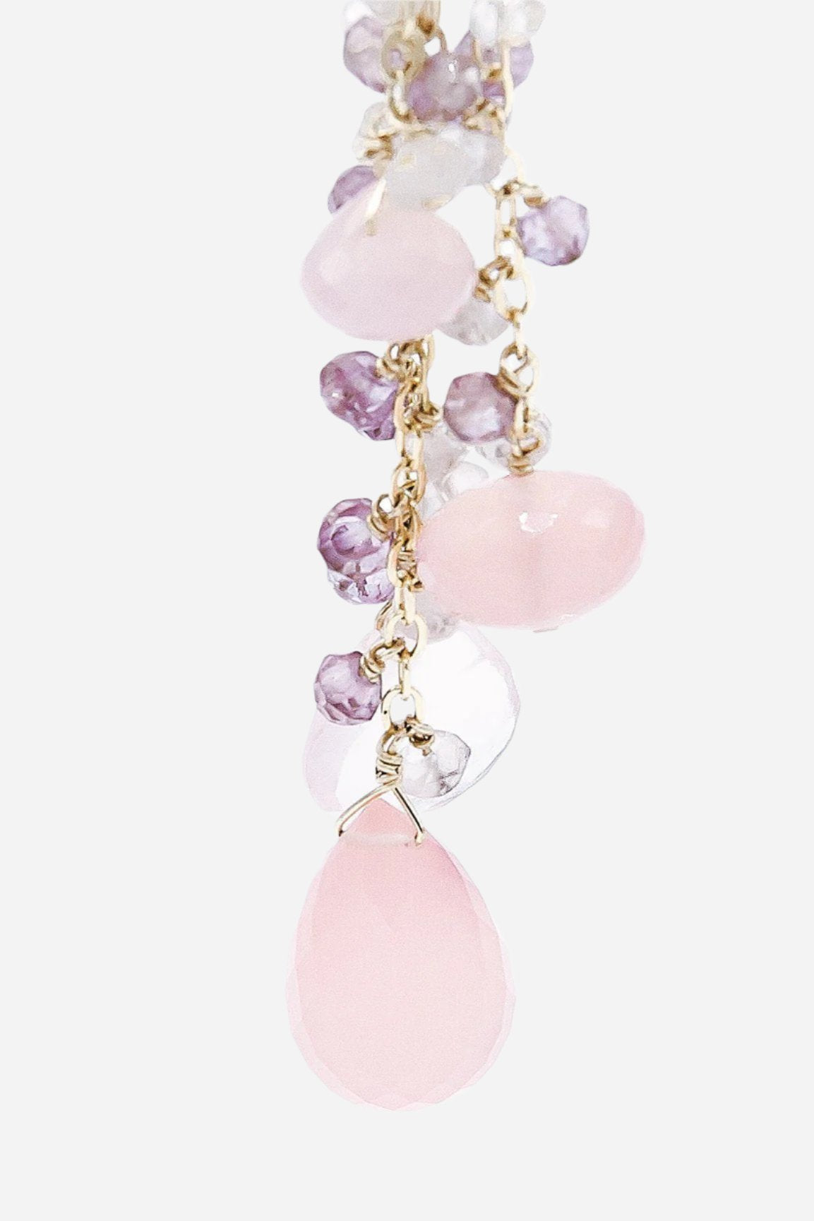 Rose Quartz, Pink Chalcedony & Amethyst Gold Tassel Earrings - Inaya Jewelry