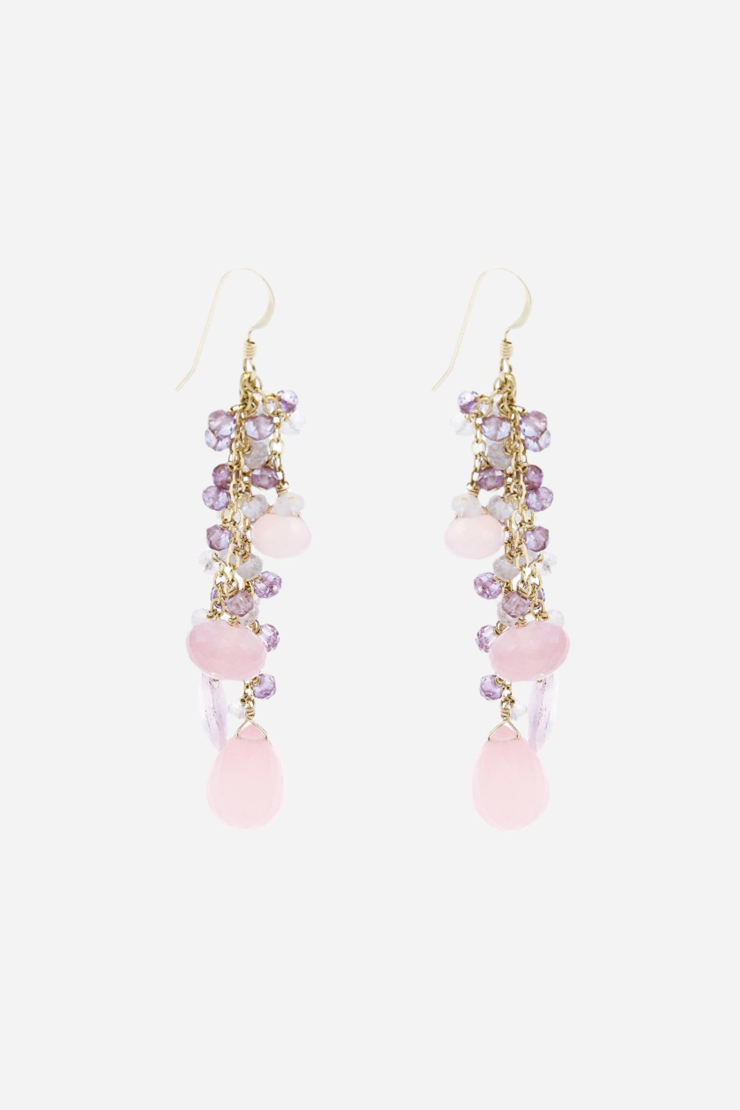 Rose Quartz, Pink Chalcedony & Amethyst Gold Tassel Earrings - Inaya Jewelry