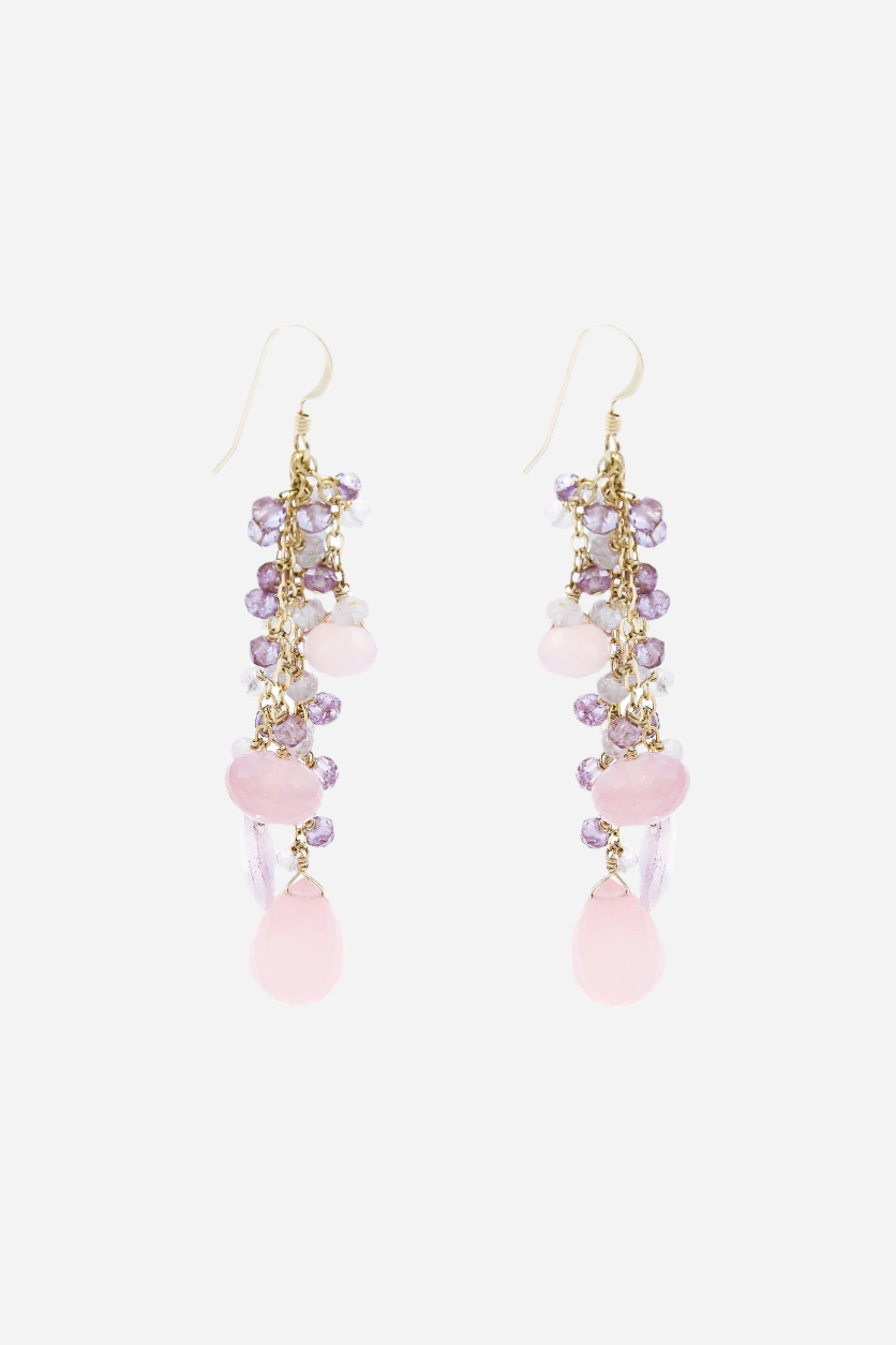 Rose Quartz, Pink Chalcedony & Amethyst Gold Tassel Earrings - Inaya Jewelry