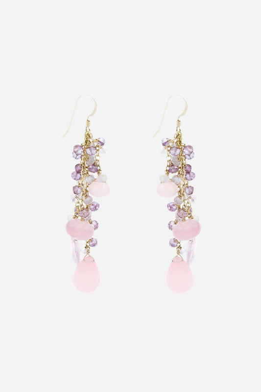 Rose Quartz, Pink Chalcedony & Amethyst Gold Tassel Earrings - Inaya Jewelry