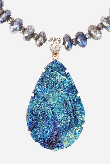 Druzy Flower Necklace on Labradorite Drop