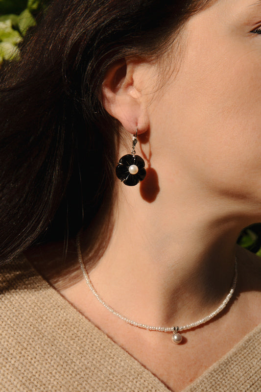 Onyx & Pearl Flower Earrings