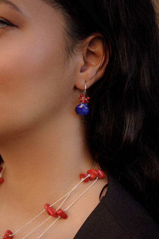 Lapis and Coral Silver Earrings