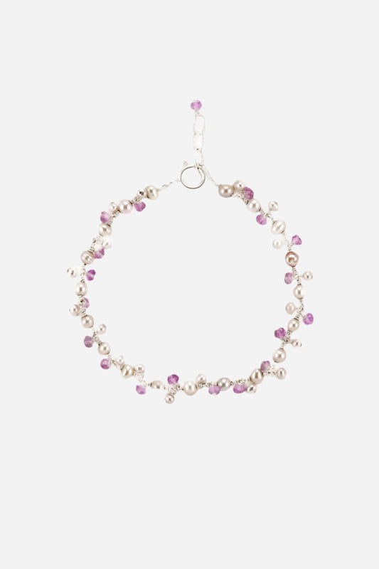 Peach Pearls & Pink Amethyst Silver Bracelet