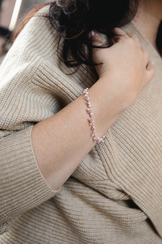 Peach Pearls & Pink Amethyst Silver Bracelet