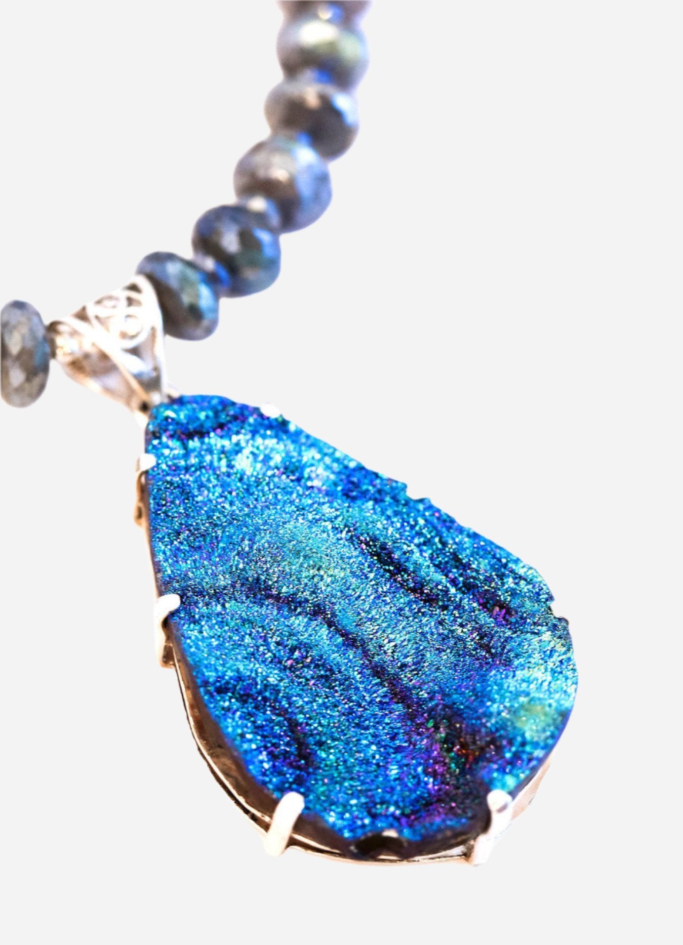 Druzy Flower Necklace on Labradorite Drop - Inaya Jewelry