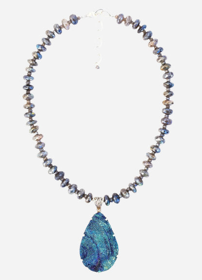Druzy Flower Necklace on Labradorite Drop - Inaya Jewelry