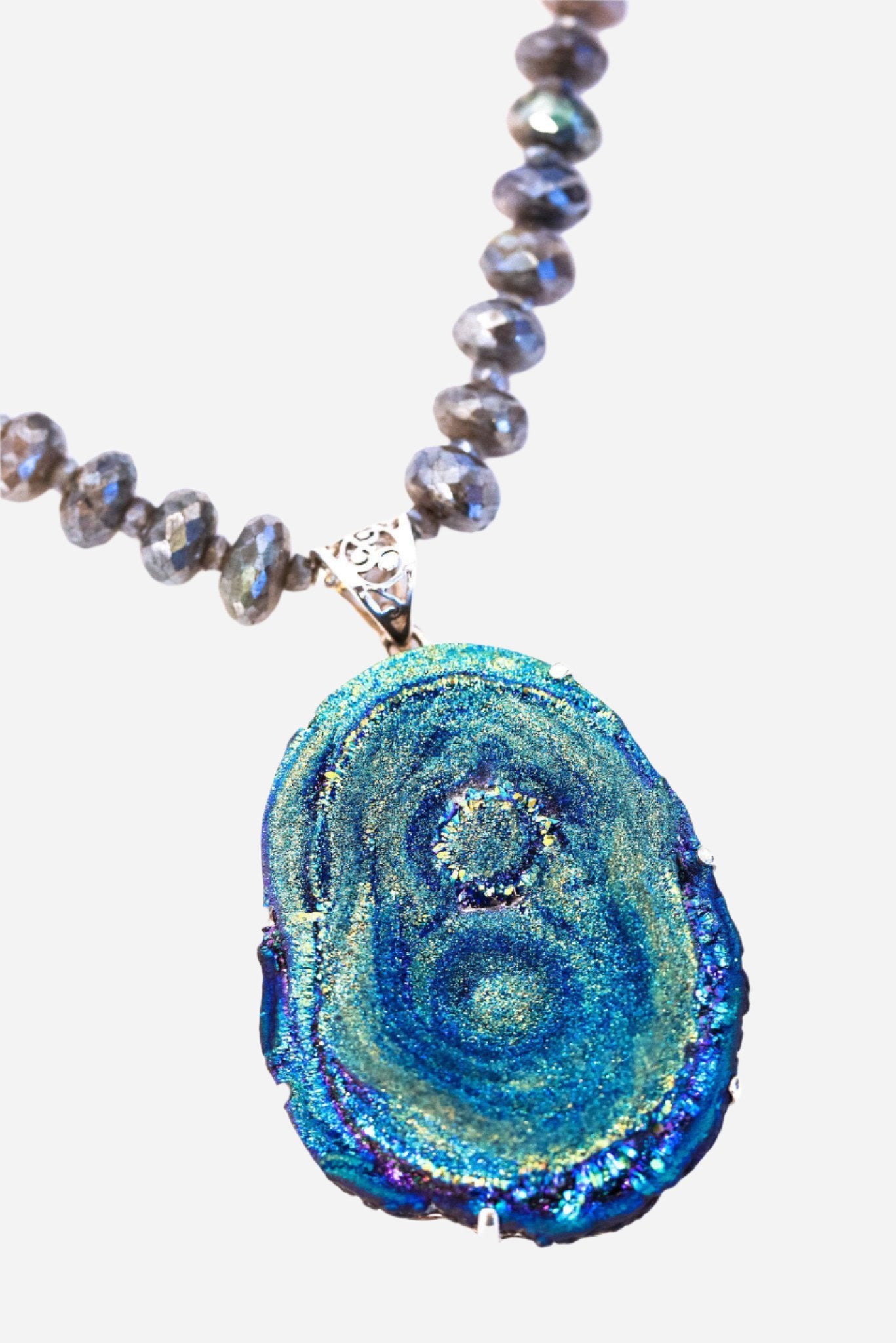 Druzy Flower Necklace on Labradorite - Inaya Jewelry