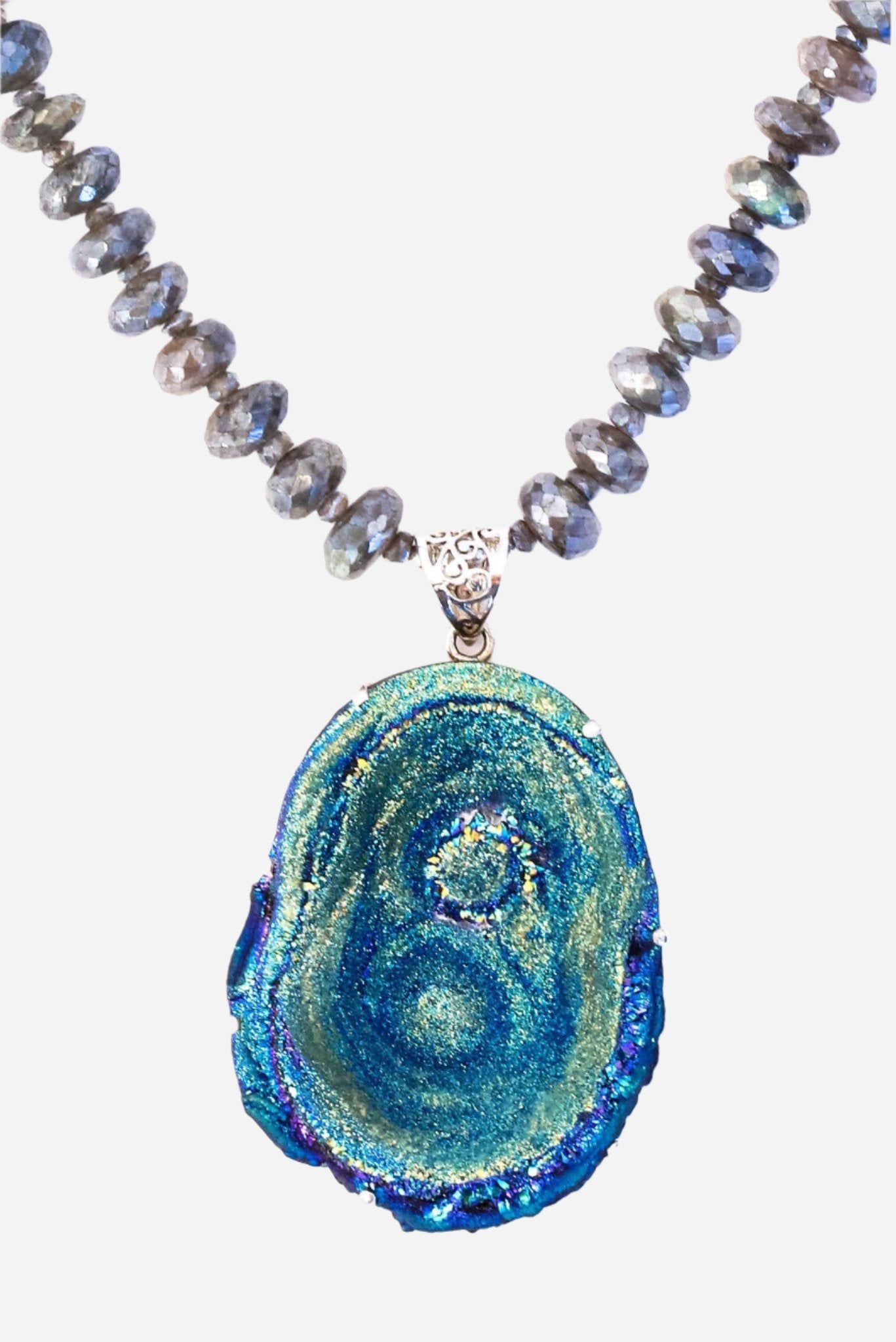 Druzy Flower Necklace on Labradorite - Inaya Jewelry