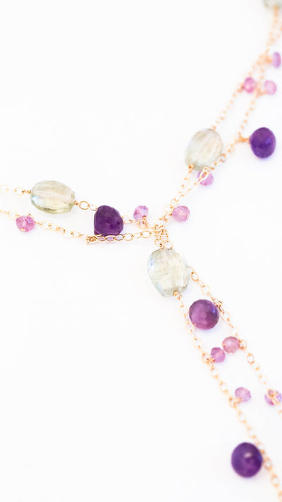 African, Pink and Green Amethyst Chainy Lariat Necklace - Inaya Jewelry