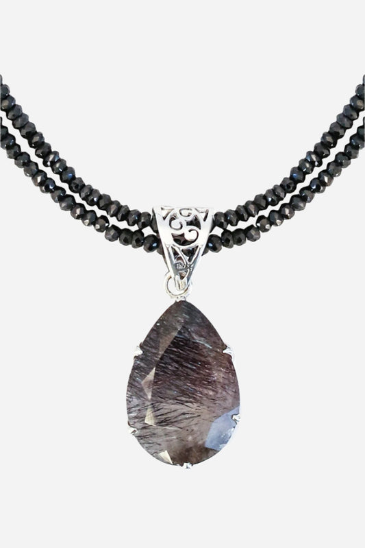 Super 7 on Black Spinel Pendant - Inaya Jewelry