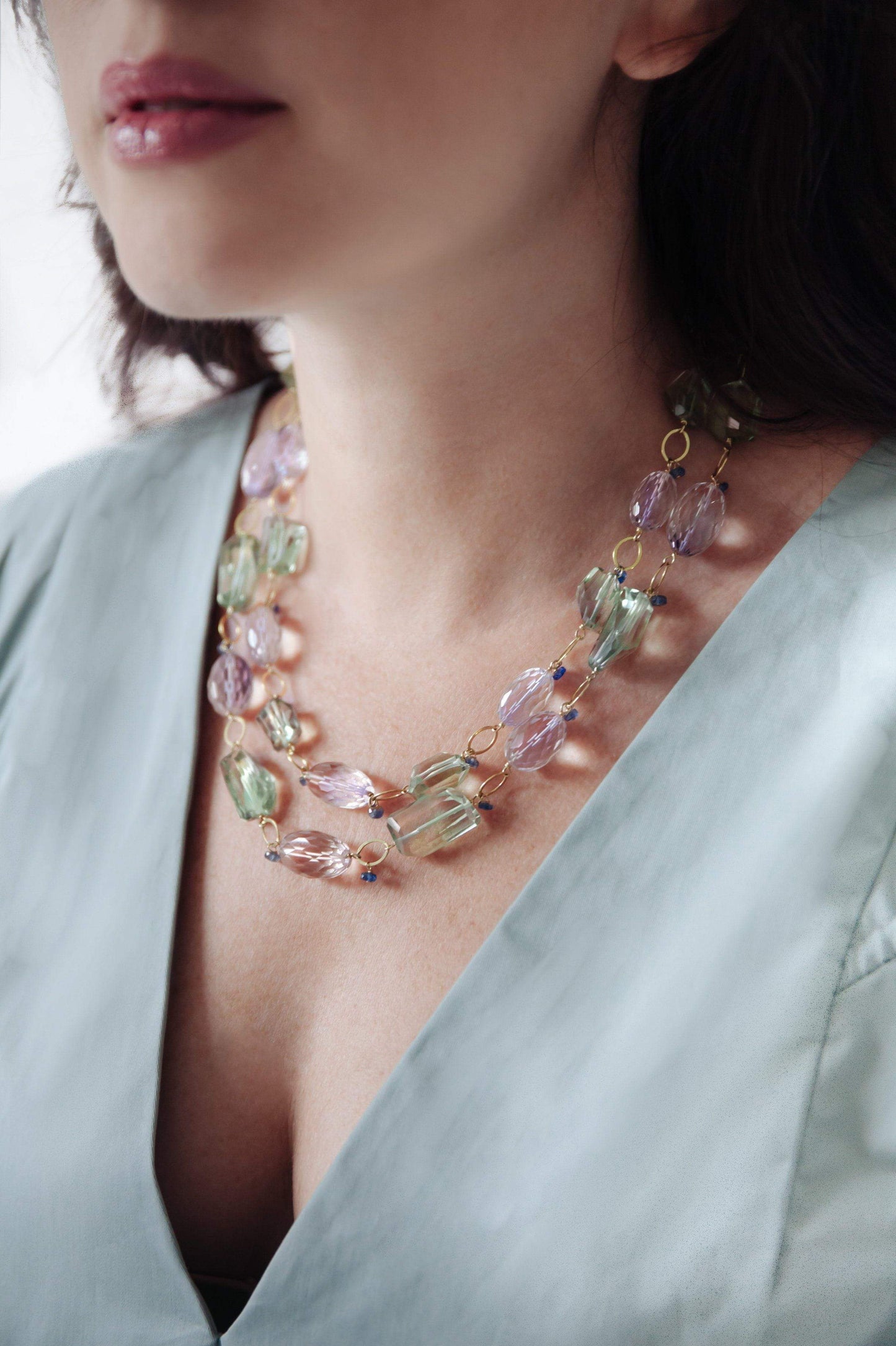 Pink & Green Amethyst, Sapphire Necklace - Inaya Jewelry