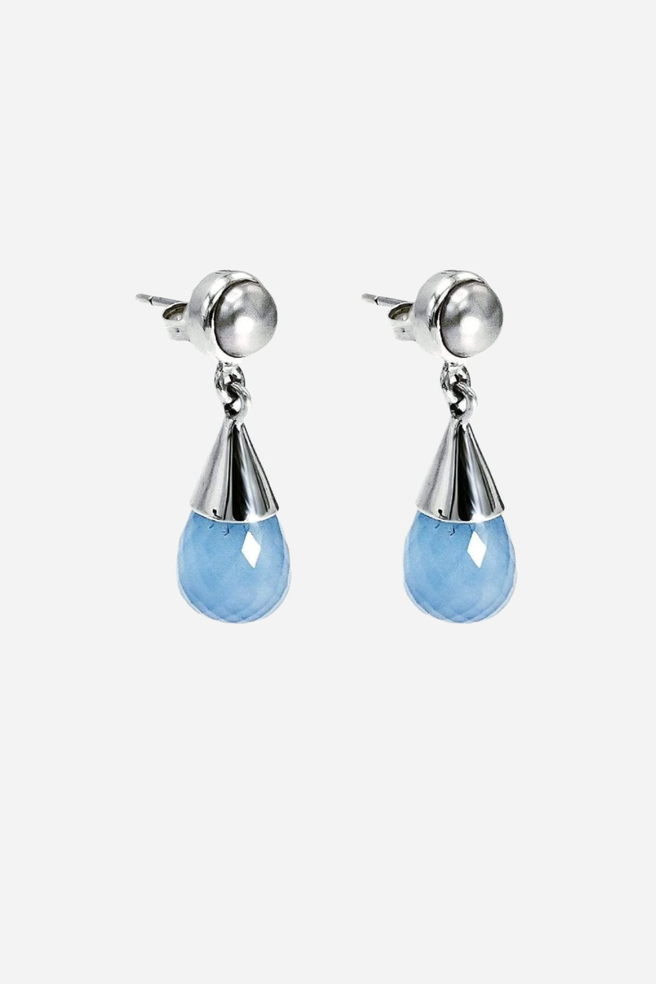 Blue Chalcedony & Fresh Water Pearl Silver Drop Earrings - Inaya Jewelry