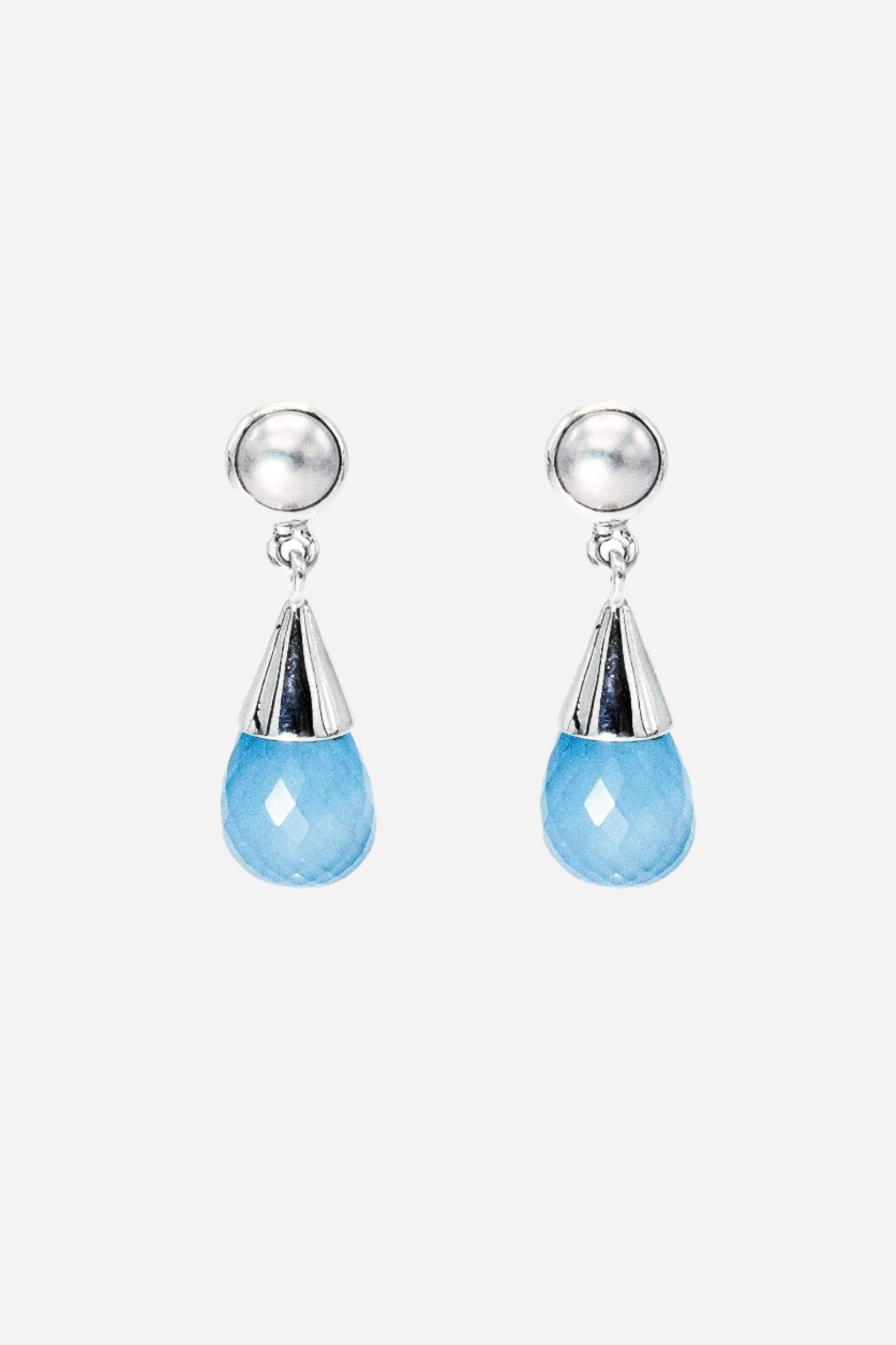 Blue Chalcedony & Fresh Water Pearl Silver Drop Earrings - Inaya Jewelry