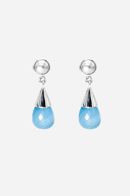 Blue Chalcedony & Fresh Water Pearl Silver Drop Earrings - Inaya Jewelry