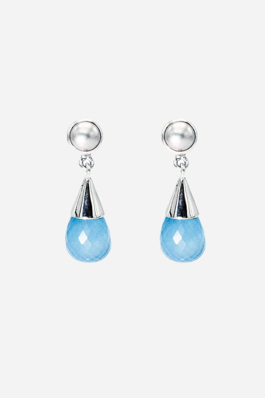 Blue Chalcedony & Fresh Water Pearl Silver Drop Earrings - Inaya Jewelry