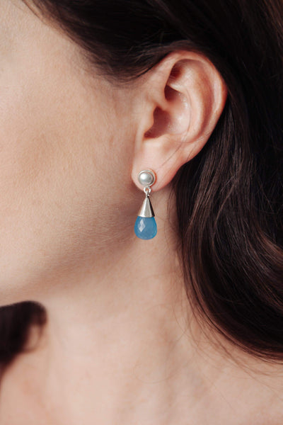Blue Chalcedony & Fresh Water Pearl Silver Drop Earrings - Inaya Jewelry