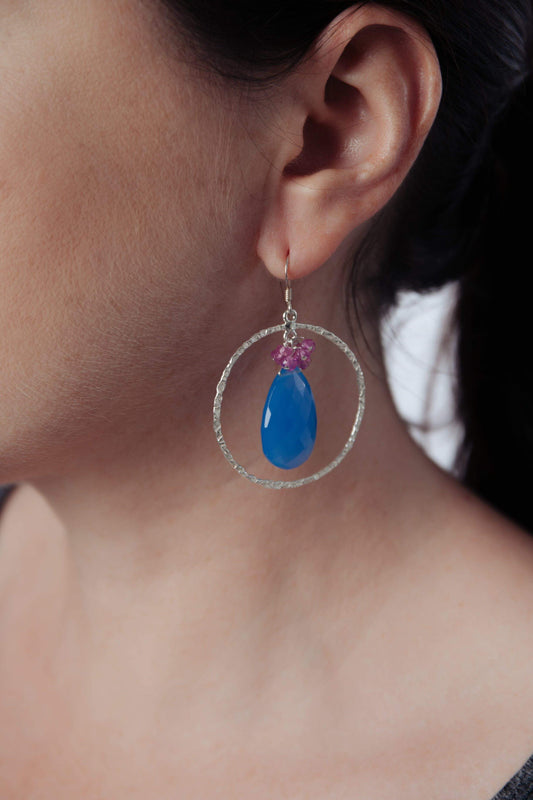 Blue Chalcedony & Pink Ruby Hoop Earrings - Inaya Jewelry