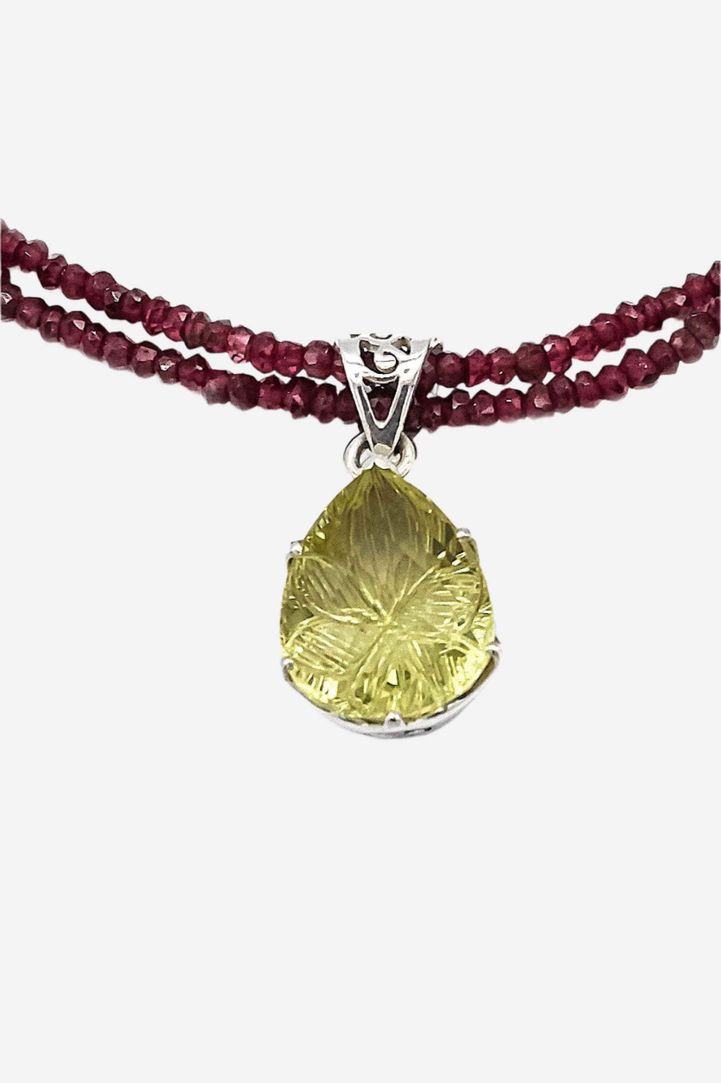 Carved Lemon Topaz on Garnet Pendant - Inaya Jewelry