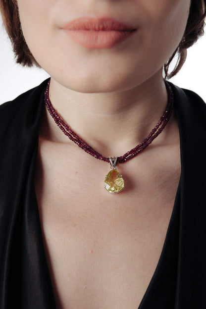 Carved Lemon Topaz on Garnet Pendant - Inaya Jewelry