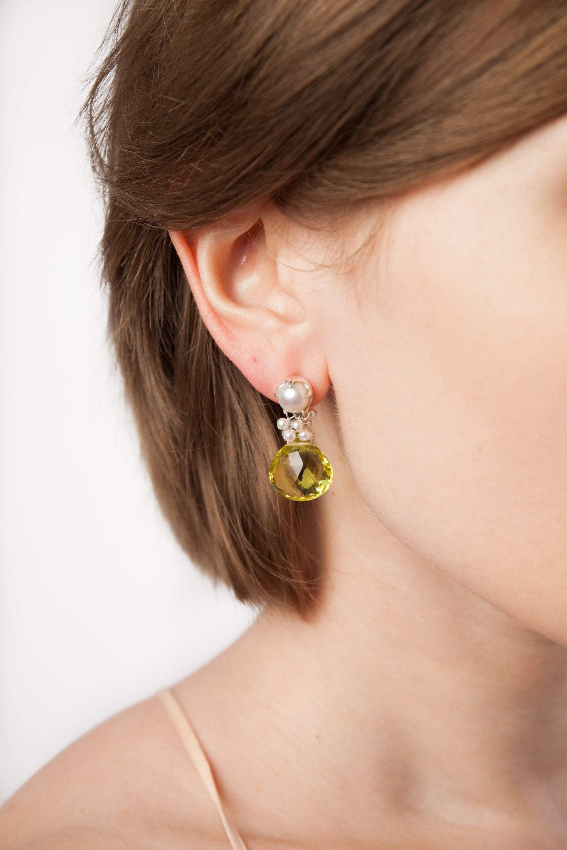 Lemon Topaz & Fresh Water Pearl Fantasy Drop Earrings - Inaya Jewelry