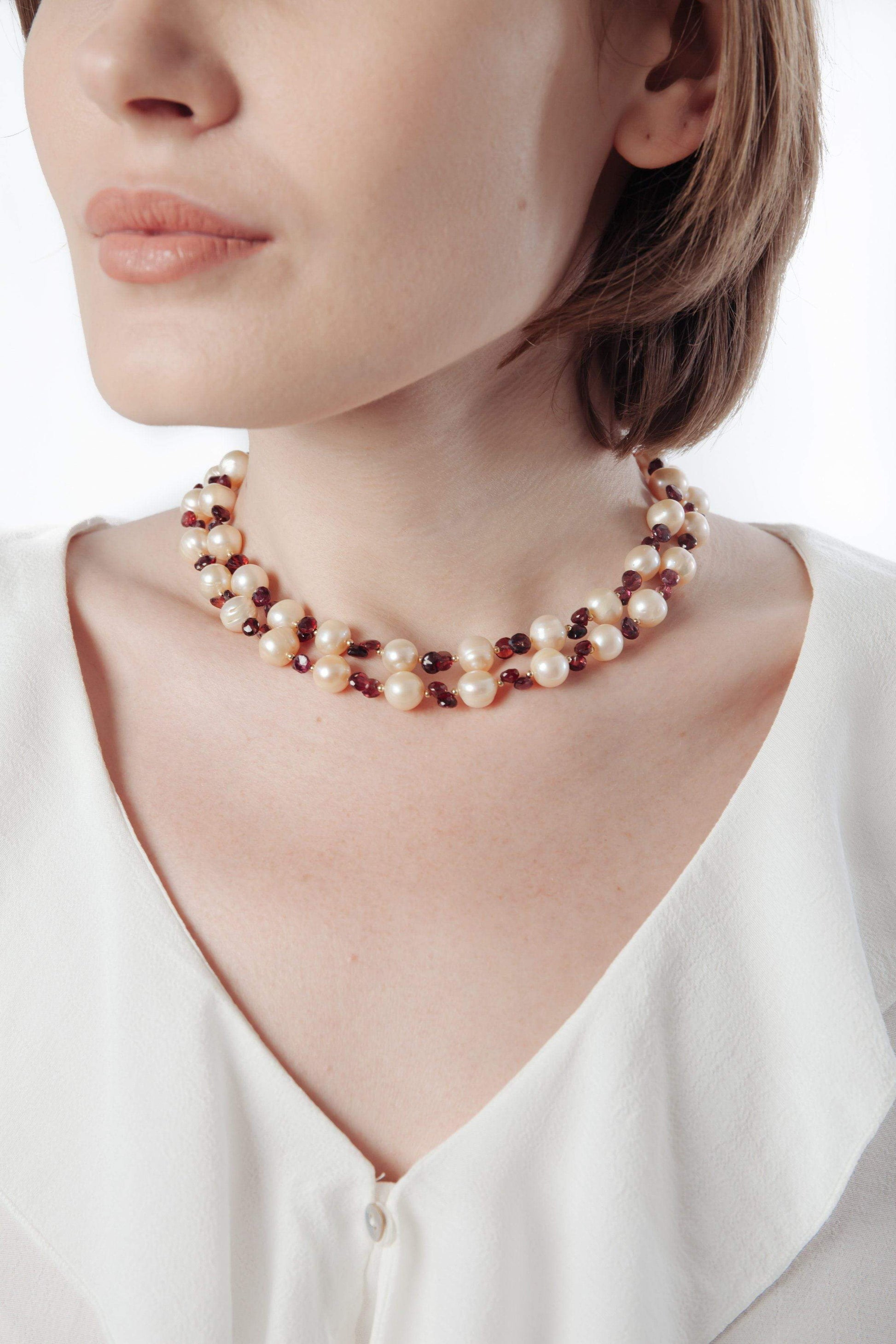 Peach Pearl & Garnet Necklace - Inaya Jewelry