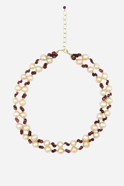 Peach Pearl & Garnet Necklace - Inaya Jewelry