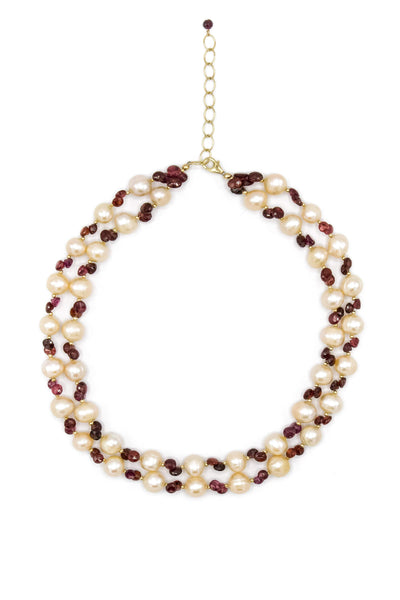 Peach Pearl & Garnet Necklace - Inaya Jewelry