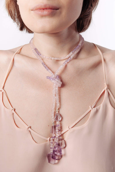 Rose Quartz & Pink Amethyst Lariat Necklace - Inaya Jewelry