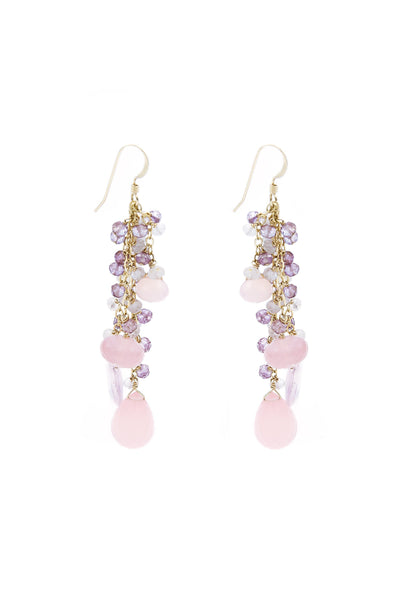 Rose Quartz, Pink Chalcedony & Amethyst Gold Tassel Earrings - Inaya Jewelry
