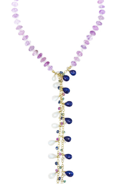 Pink Amethyst, Lapis Lazuli & Moonstone Tie Around Necklace - Inaya Jewelry